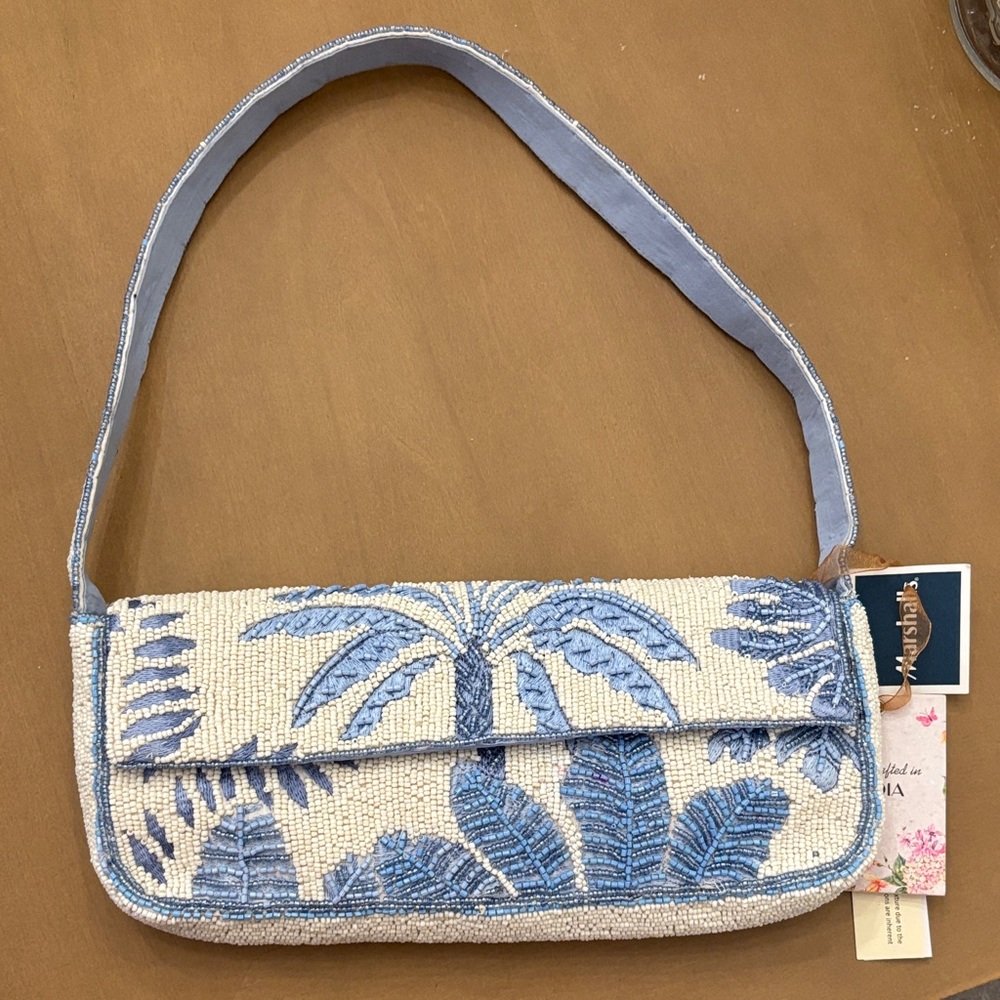 Blue and Ivory Beaded Shoulder Bag
